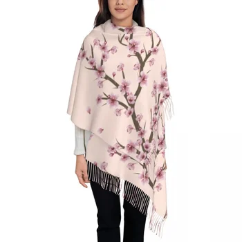 Женские Длинные Цветущие шарфы с ветками Сакуры, женская Зимняя осень, Толстая теплая шаль с кисточками, японский шарф с цветами вишни