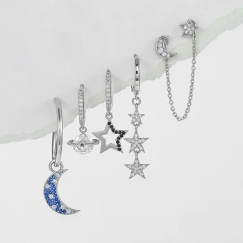 Серебряная игла S925, Асимметричная Женская серьга-гвоздик в виде звезды и Луны, Позолоченные винтажные серьги Blue Moon, набор модных украшений