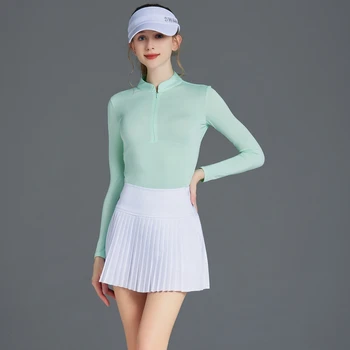 Женская одежда для гольфа, солнцезащитный крем из ледяного шелка, топ со стоячим вырезом, Тонкая футболка, Приталенный спортивный топ, плиссированная короткая юбка