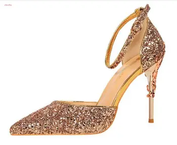 Новые женские полые туфли-лодочки, свадебные туфли для невесты, пикантные туфли на высоком каблуке с острым носком, украшенные блестками, золотисто-красные женские сандалии на каблуке