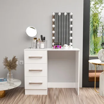 Современный туалетный столик, лампочки, белая отделка, современная простота, стильное ощущение Небольшого шкафа для хранения, встроенного столика для макияжа