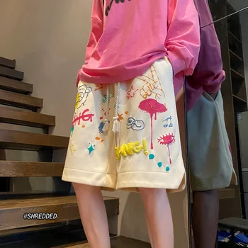 Модные летние Винтажные Шорты y2k с принтом Граффити, Короткие Мужские И Женские Летние Американские Уличные Свободные Повседневные Баскетбольные штаны