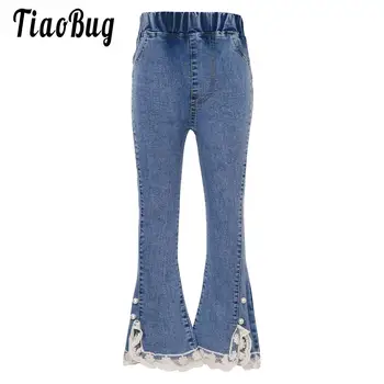 Модные детские джинсы для девочек, расклешенные брюки с карманами, расклешенные брюки из денима в стиле ретро, Леггинсы, Детские джинсы, расклешенные брюки с кружевным подолом