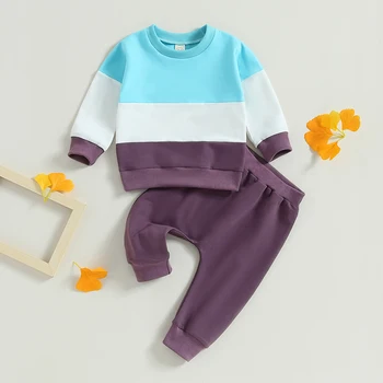 BeQeuewll Для маленьких мальчиков и девочек, осенняя одежда из 2 предметов, свитшот контрастного цвета с длинным рукавом и брюки, комплект одежды для малышей