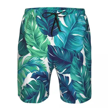 Мужские пляжные короткие шорты для плавания Зеленые и синие шорты для серфинга с банановыми листьями, спортивные шорты для серфинга, купальники