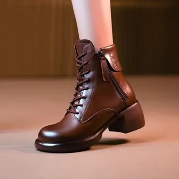 Женские ботинки, Новинка 2024 года, Ботинки с боковой молнией в стиле ретро, Женская обувь, Ботильоны Soild на толстом каблуке, Обувь на платформе, Zapatos De Mujer