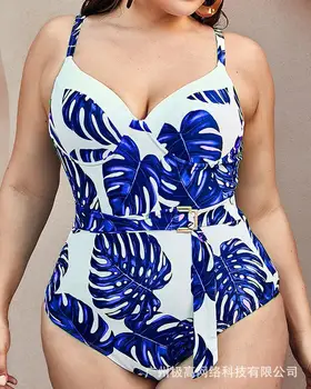 Цельный купальник с тропическим принтом на косточках, женское бикини, одежда для купания, пляжная летняя одежда с цветочным V-образным вырезом
