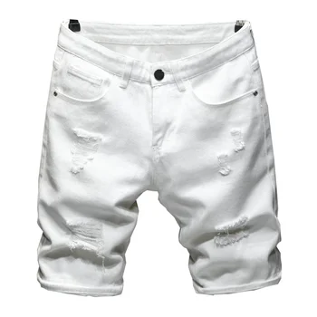 Новые летние Белые Черные мужские джинсовые шорты с рваными дырками, тонкие повседневные джинсовые шорты с прямыми дырками длиной до колен, бермуды для мужчин