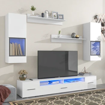 Набор плавающих подставок для телевизора в минималистичном стиле из 7 предметов, глянцевый настенный развлекательный центр с 16-цветной светодиодной подсветкой