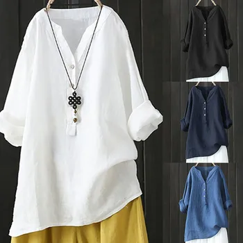 Повседневная белая блузка с длинными рукавами Винтажные свободные блузки Лето Осень 2023 Большой размер 5XL Свободная хлопчатобумажная льняная блузка Рубашка Женская