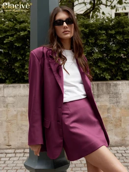 Модные Свободные фиолетовые офисные комплекты из 2 предметов, женская одежда, элегантные блейзеры с длинными рукавами и мини-юбка с завышенной талией, женский комплект