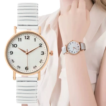 Роскошные Простые Цифровые Женские кварцевые часы с белым циферблатом, повседневные часы с эластичным ремешком из нержавеющей стали, модные Женские часы-платья