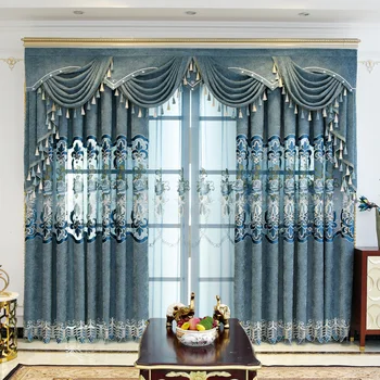 Европейские роскошные шторы для облицовки столовой спальни, насыщенно-синяя вилла с углублениями, Водорастворимые Вышитые шторы с высокой затененностью