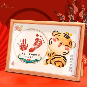 Детские отпечатки ног, чернильные подушечки для рук, милый тигр с фоторамкой для подарка в виде детского душа, китайские детские памятные украшения
