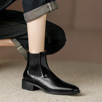 Осенние ботинки, женская обувь из натуральной кожи, женские ботинки с квадратным носком и на толстом каблуке, современные ботинки в стиле ретро, Зимние элегантные короткие ботинки