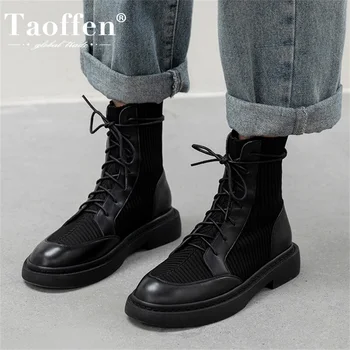 Taoffen/ Модные женские ботинки из натуральной кожи 2023 года; Ботинки из мягкой кожи с толстой подошвой на шнуровке; черные мотоциклетные ботинки на плоской подошве;
