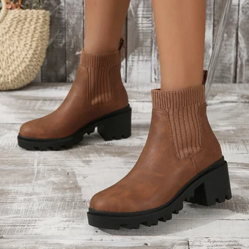Зимние ботильоны для женщин, модные ботинки, нескользящие носки на платформе с массивным каблуком, ботинки на квадратном каблуке без застежки с круглым носком