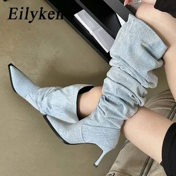 Eilyken/ Женские ботфорты из денима в уличном стиле с острым носком, Современные Длинные женские ботильоны, Коллекция 2024 года, Осенне-зимняя женская обувь
