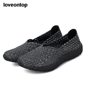 Loveontop/ Новые Летние Дышащие женские туфли в клетку на плоской подошве; Эластичные тканые нейлоновые лоферы без застежки ручной работы;