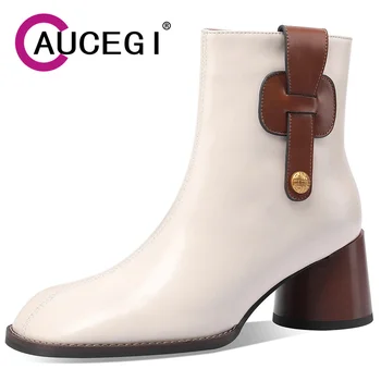 Классические ботильоны Aucegi с круглым носком, женские ботильоны из натуральной кожи смешанного цвета на блочном каблуке, Высококачественная повседневная обувь ручной работы