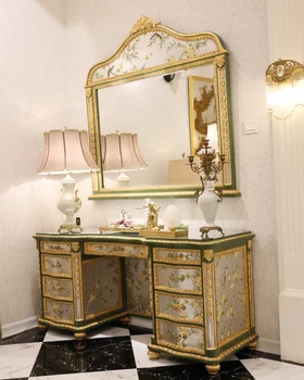 Роскошный стол, стул, туалетный столик в европейском французском стиле, шкаф с ручной росписью золотой и серебряной фольгой