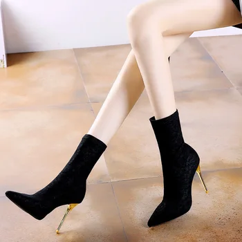 Тонкие эластичные сапоги на тонком каблуке, осень и зима, Новый стиль, сапоги на высоком каблуке средней длины, женская обувь с острым носком w-0f076