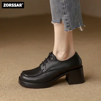 2023 Женские туфли-лодочки Летние туфли с квадратным носком в стиле ретро на массивном каблуке, на шнуровке, на высоком каблуке из натуральной коровьей кожи, женские туфли для карьеры на низком каблуке