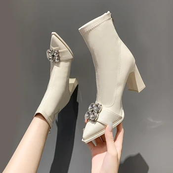 Новые модные ботильоны на круглом каблуке, Пинетки с квадратным носком и кристаллами, лакированная кожа, Высокие каблуки, Однотонная лаконичная женская обувь Zapatos Mujer