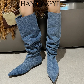 Женские сапоги до колена в западном стиле, джинсовые туфли на каблуке 2023, без застежки, синие, современные осенние женские туфли 