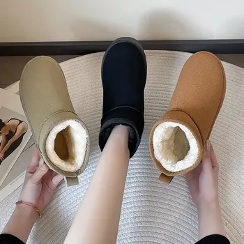 Новые зимние ботинки в стиле Snow Boot, короткие Мини-зимние ботинки, женские водонепроницаемые ботильоны из натуральной шерсти, теплая обувь на плоской подошве с меховой подкладкой