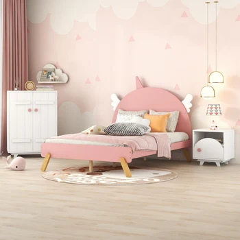 Белый + розовый Спальный гарнитур из 3 предметов, полноразмерная кровать на платформе с тумбочкой и шкафом, для мебели для спальни в помещении