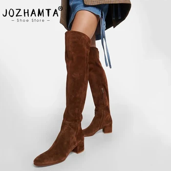 JOZHAMTA, Размер 34-43, Женские эластичные ботинки, замша, Натуральная кожа, Зима 2024, Модная женская обувь на толстом каблуке, сапоги выше колена, бедра