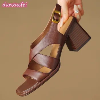 danxuefei/ большие размеры 34-42; женские босоножки из натуральной кожи с узкой лентой и перекрестным ремешком толщиной 6 см на высоком каблуке с открытым носком; летняя обувь на каблуке
