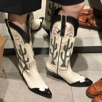 Ковбойские сапоги в стиле вестерн с вышивкой кактуса, Брендовые Дизайнерские ботинки Botas Mujer без застежки с острым носком на толстом каблуке, Черные, Белые, Разноцветные туфли