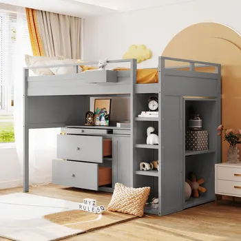 Простая и современная кровать-чердак с Выдвижным шкафом и письменным столом, с местом для хранения вещей, Подходит для спален, детских комнат - Серый