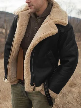 Пальто из искусственного меха с меховой опушкой для тяжелой промышленности, однотонное мужское пальто с воротником Поло с длинным рукавом и меховым интегралом
