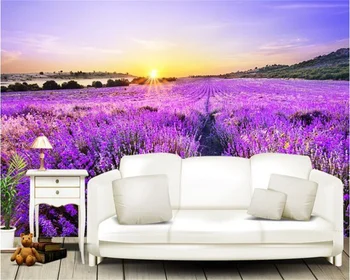 Пользовательские 3D обои романтическое фиолетовое лавандовое цветочное поле золотой восход солнца на фоне стены гостиной украшения спальни живопись