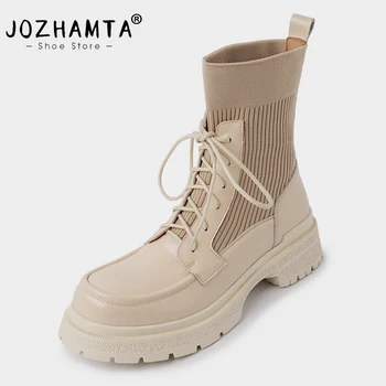 JOZHAMTA, Размер 34-39, женские ботильоны, женская обувь на толстом среднем каблуке из натуральной кожи, Зима 2024, повседневные ботинки на платформе на шнуровке,