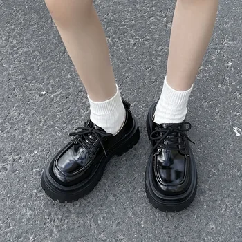 Модные женские кожаные туфли на толстой подошве со шнуровкой, Женская мотоциклетная обувь в стиле панк в британском стиле, тонкие туфли на плоской подошве, Zapatillas Mujer