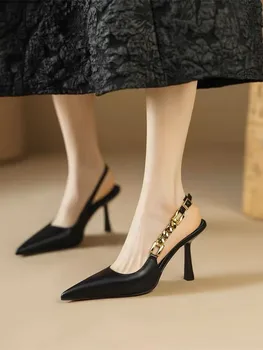 2023 Новые босоножки Baotou с открытой спиной, женские модные босоножки с ремешком сзади, черные заостренные туфли на тонком каблуке, сексуальные туфли на высоком каблуке