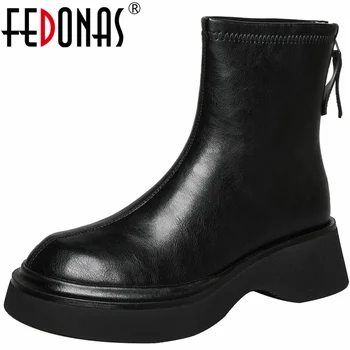 Женские ботильоны на платформе FEDONAS 2023, Осенне-зимняя обувь для отдыха, Женские Повседневные уличные короткие ботинки из натуральной кожи с круглым носком
