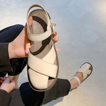 Женские сандалии с закрытым носком, римские сандалии в стиле ретро из натуральной кожи, дизайнерские студенческие сандалии в университетском стиле, Sandalias De Mujer 2023 г.