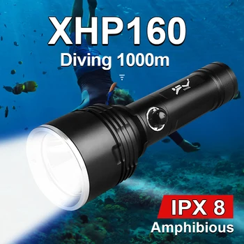 Новейший мощный светодиодный фонарик для дайвинга XHP 160 высокой мощности IPX8 Водонепроницаемый факел Самая яркая профессиональная лампа для дайвинга