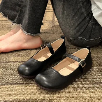 Обувь для женщин, Шикарные дизайнерские балетки в стиле ретро, кожаные повседневные лоферы с ремешком и пряжкой, Милые женские кроссовки с квадратным носком, 2023 г.