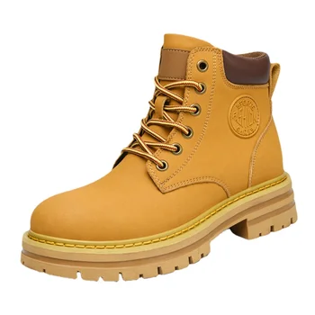 Зимние плюшевые теплые мужские Женские желтые ботинки из натуральной кожи, модная рабочая обувь в британском стиле, осень, большие размеры 49 50 51