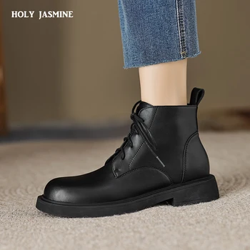 Осенние женские ботинки, ботинки с круглым носком на толстом каблуке, женская лаконичная обувь на шнуровке, Зимние Короткие сапоги на платформе, Дизайнерские ботинки