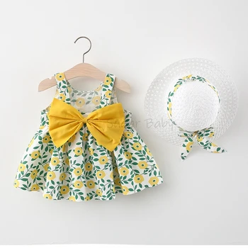 Летняя одежда, пляжное платье для маленьких девочек, модное повседневное платье с милым бантом и шляпой, комплекты одежды для новорожденных принцесс, 6-36 м