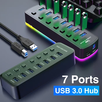 RGB USB 3,0 Концентратор 7 Портов Адаптер Порта Передачи Данных 5 Гбит/с Высокоскоростной Индивидуальный Переключатель Включения/Выключения Разветвитель USB-Удлинитель Док-Станция