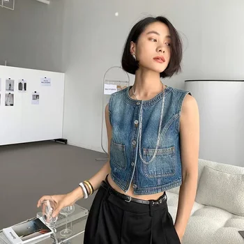 Ультракороткая джинсовая жилетка-пальто Женская Летняя Корейская мода 2023 года, свободный жилет, однобортный повседневный топ без рукавов