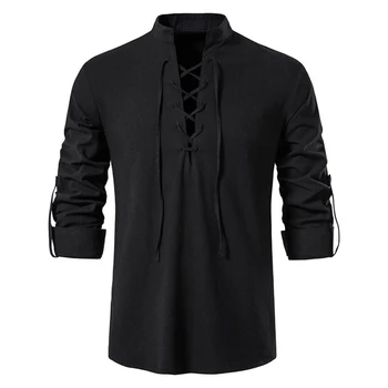 Новая мужская рубашка с V-образным вырезом, хлопчатобумажные льняные рубашки с длинным рукавом, однотонные топы, повседневные дышащие мужские рубашки на шнуровке спереди
